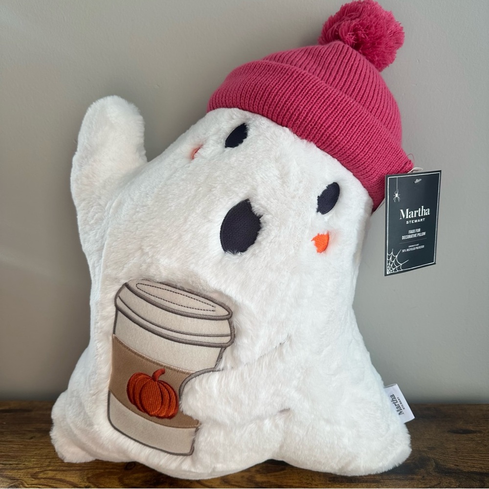 New Martha Stewart Ghost Holding Pumpkin Spice Latte Pink Beanie Fall Autumn